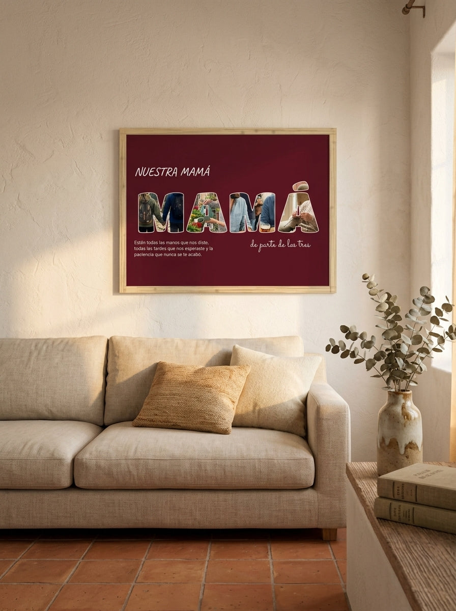 Cuadro letras con fotos personalizado Día de la Madre colgado sobre un sofá de lino en un salón cálido
