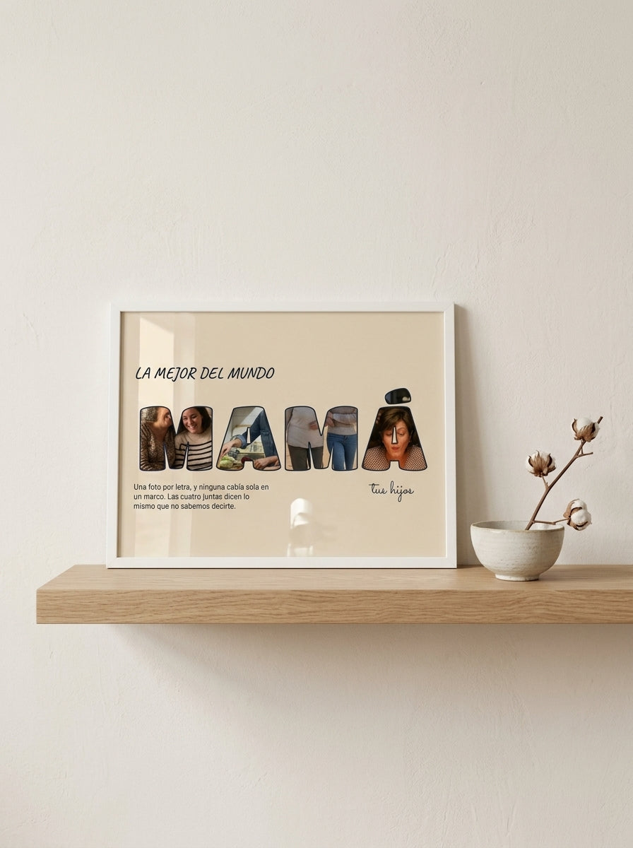 Cuadro letras con fotos personalizado Día de la Madre apoyado en una balda de roble junto a una rama seca