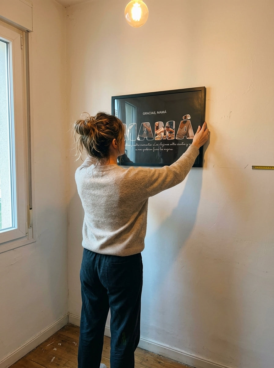 Colgando el cuadro letras con fotos personalizado Día de la Madre en la pared de casa