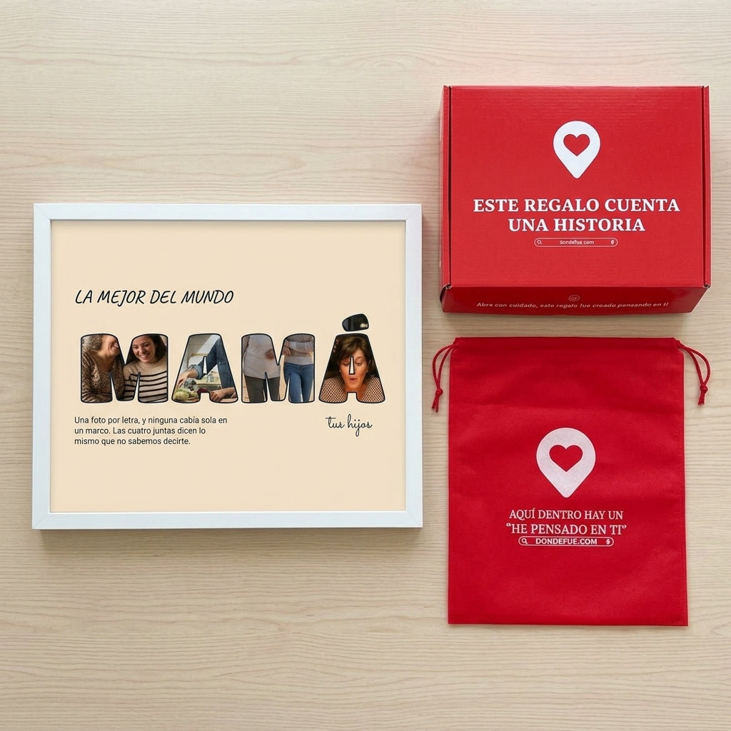 Cuadro letras con fotos personalizado Día de la Madre junto a la caja y la bolsa de regalo de Donde Fue