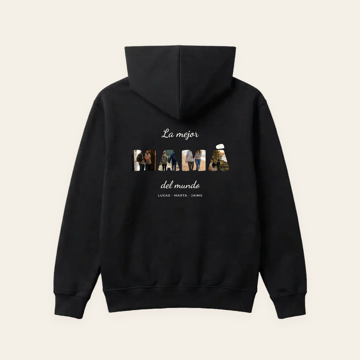 Sudadera con capucha negra personalizada con la palabra MAMÁ con las letras rellenas de fotos, estampado en la espalda