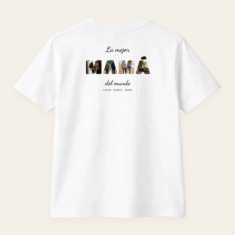 Camiseta blanca personalizada con una palabra hecha con vuestras fotos, estampado en la espalda