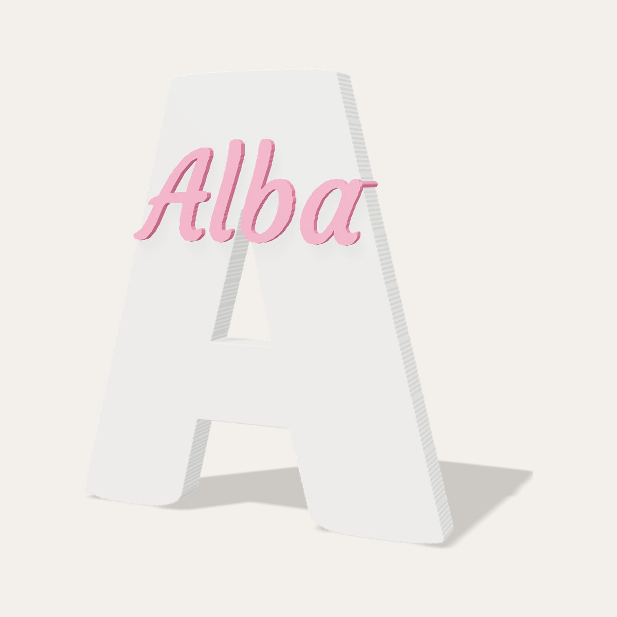 Letra 3D A blanca con el nombre Alba en relieve rosa