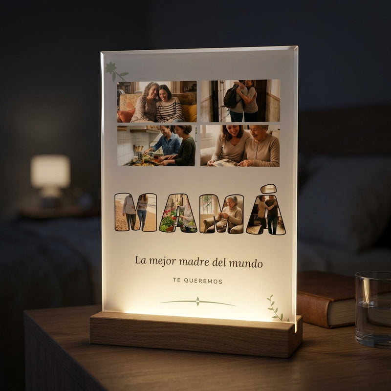 Placa de metacrilato personalizada con fotos dentro de las letras encendida sobre la base de madera con luz LED, en una mesilla de noche