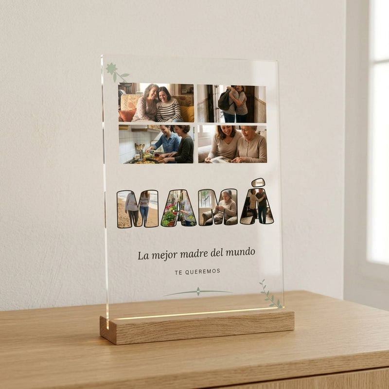 Placa de metacrilato personalizada con fotos dentro de las letras, sobre un aparador de roble en una habitación luminosa, con su base de madera con luz