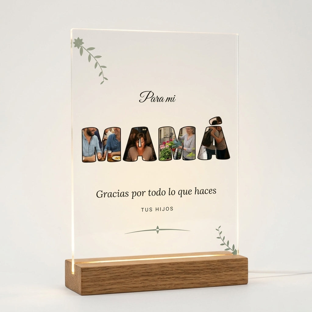 Placa de metacrilato personalizada con fotos dentro de las letras sobre su base de luz, foto de estudio sobre fondo neutro