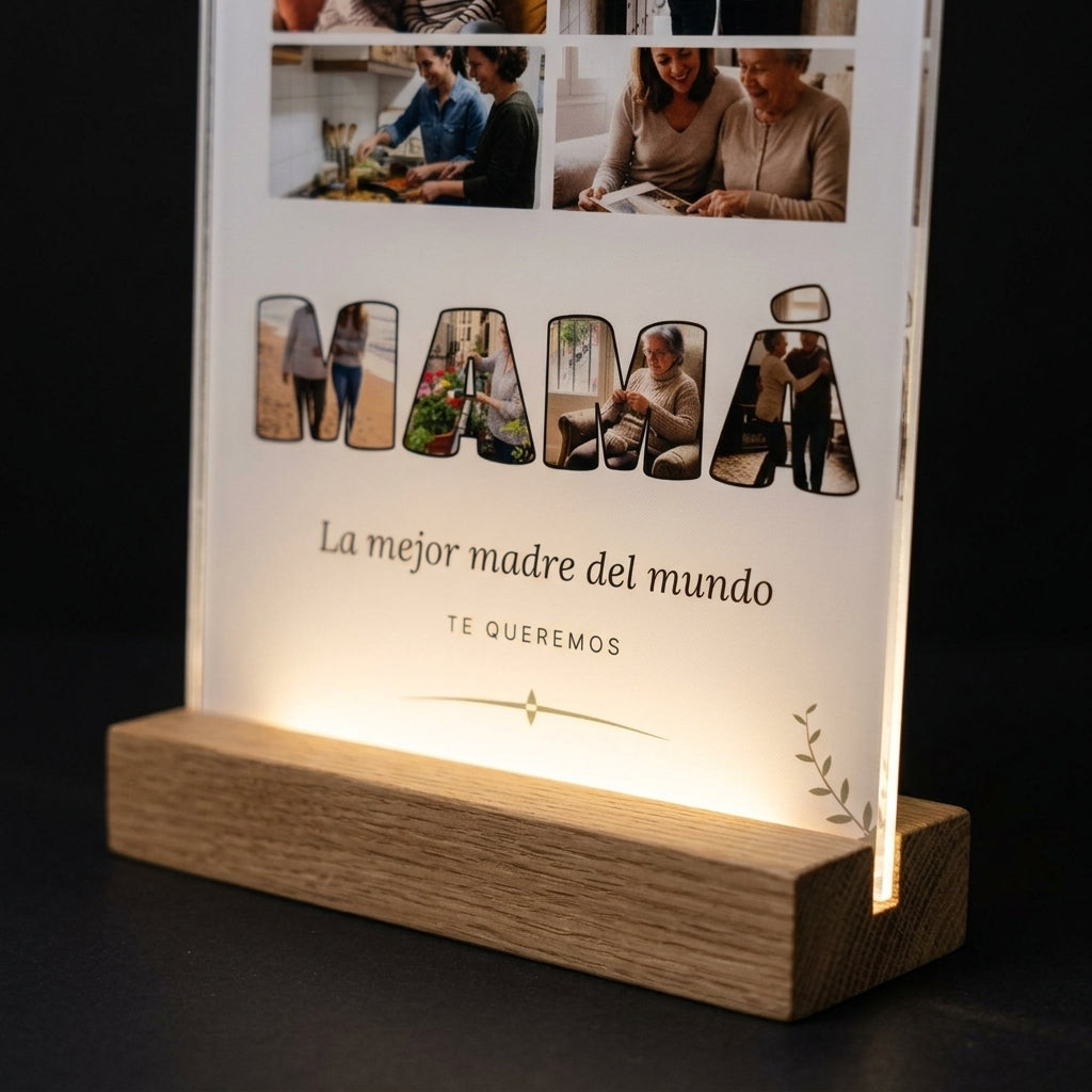 Detalle de la base de madera con luz LED de la placa de metacrilato personalizada con fotos dentro de las letras