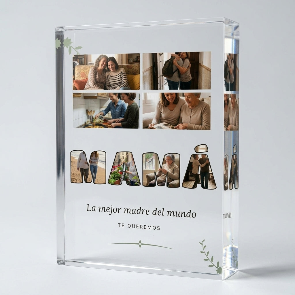 Bloque macizo de 2 cm de la placa de metacrilato personalizada con fotos dentro de las letras, visto de canto