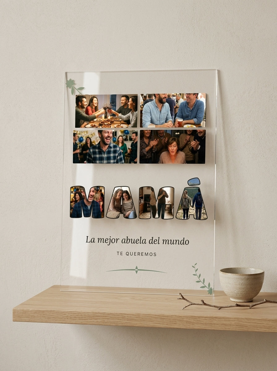 Placa de metacrilato personalizada con fotos dentro de las letras apoyada en una balda de roble junto a una rama seca