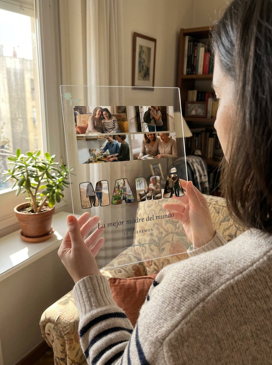 Sosteniendo la placa de metacrilato personalizada con fotos dentro de las letras a contraluz junto a una ventana