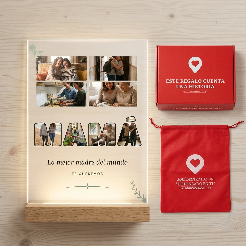 Placa de metacrilato personalizada con fotos dentro de las letras junto a la caja y la bolsa de regalo de Donde Fue