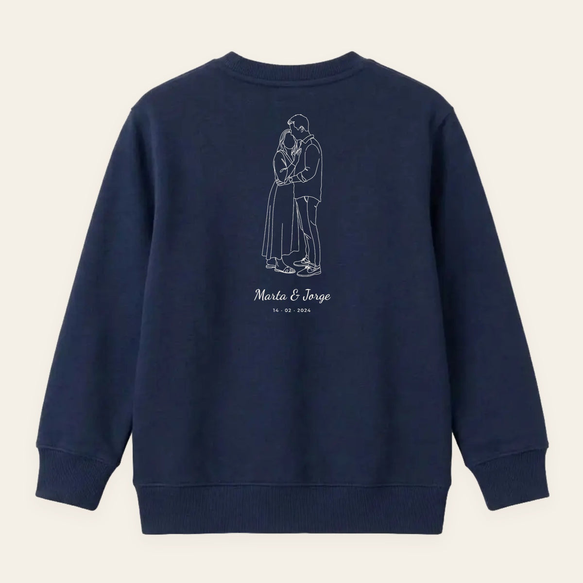 Sudadera azul marino sin capucha personalizada con vuestra foto convertida en dibujo lineal, estampado en la espalda