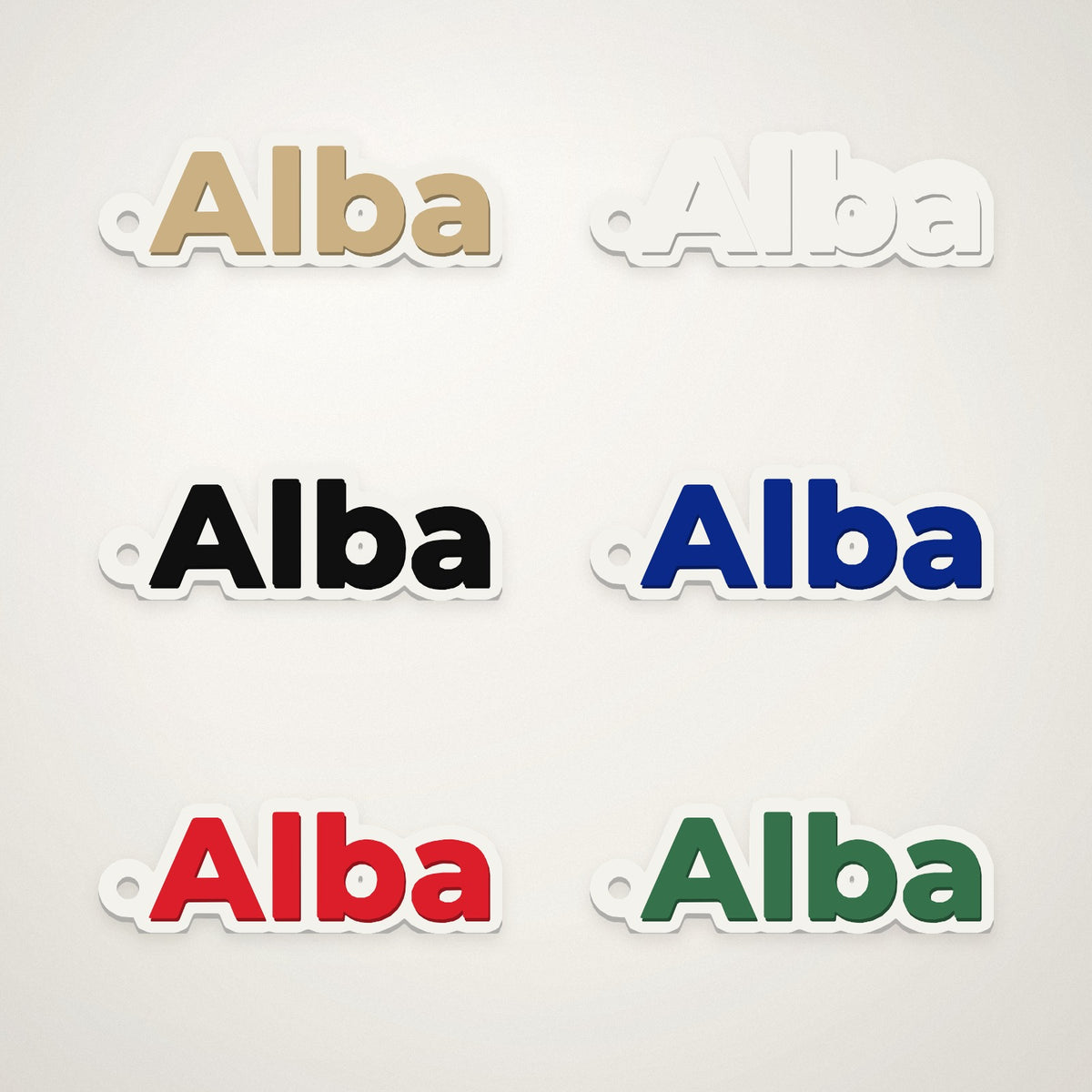 Los seis colores del llavero con nombre impreso en 3D: beige, blanco, negro, azul marino, rojo y verde