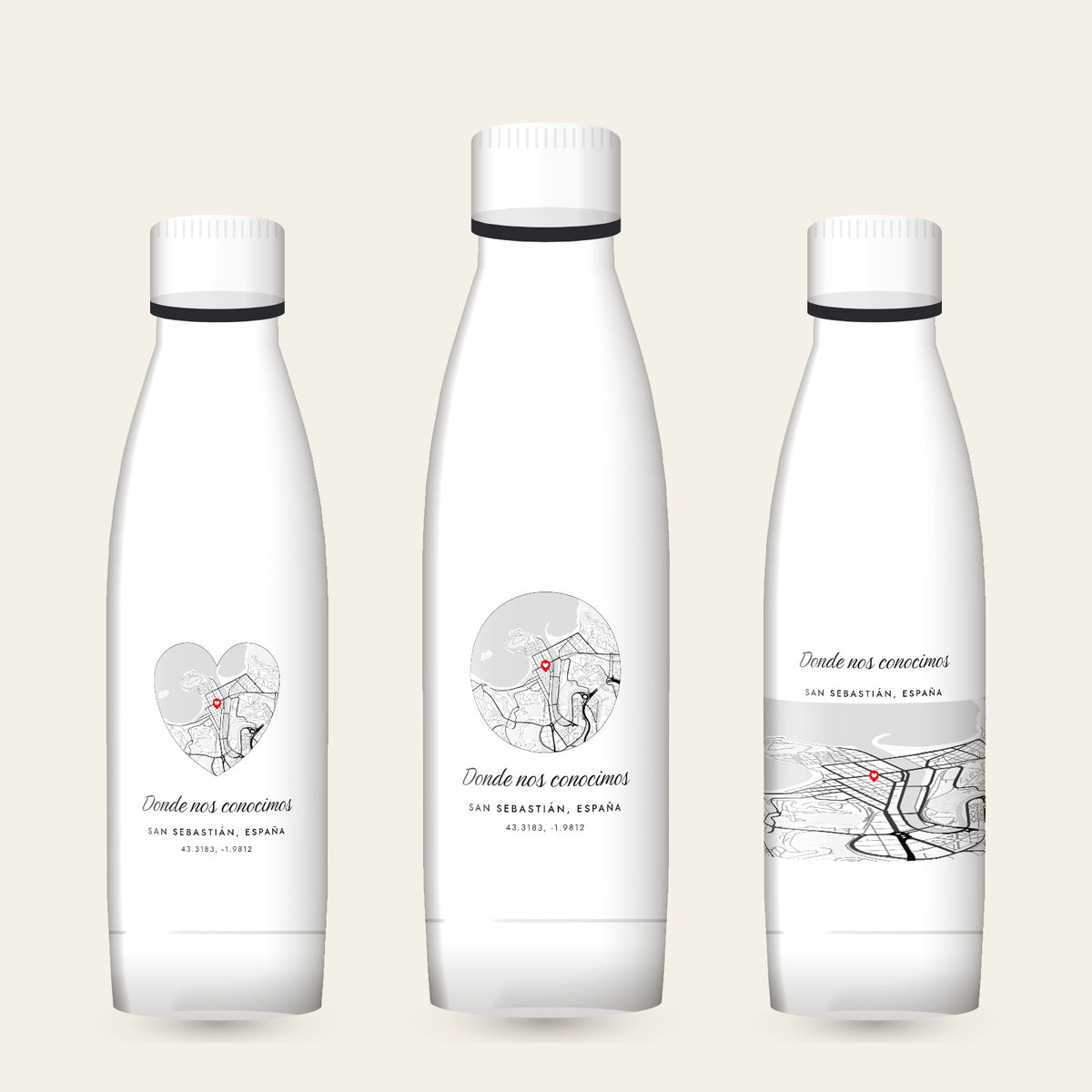 Tres botellas de 700 ml con el mapa de San Sebastián: en corazón, redondo y dando la vuelta