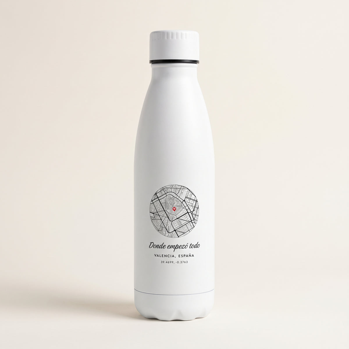 Botella de acero blanco con el mapa de Valencia y «Donde empezó todo»