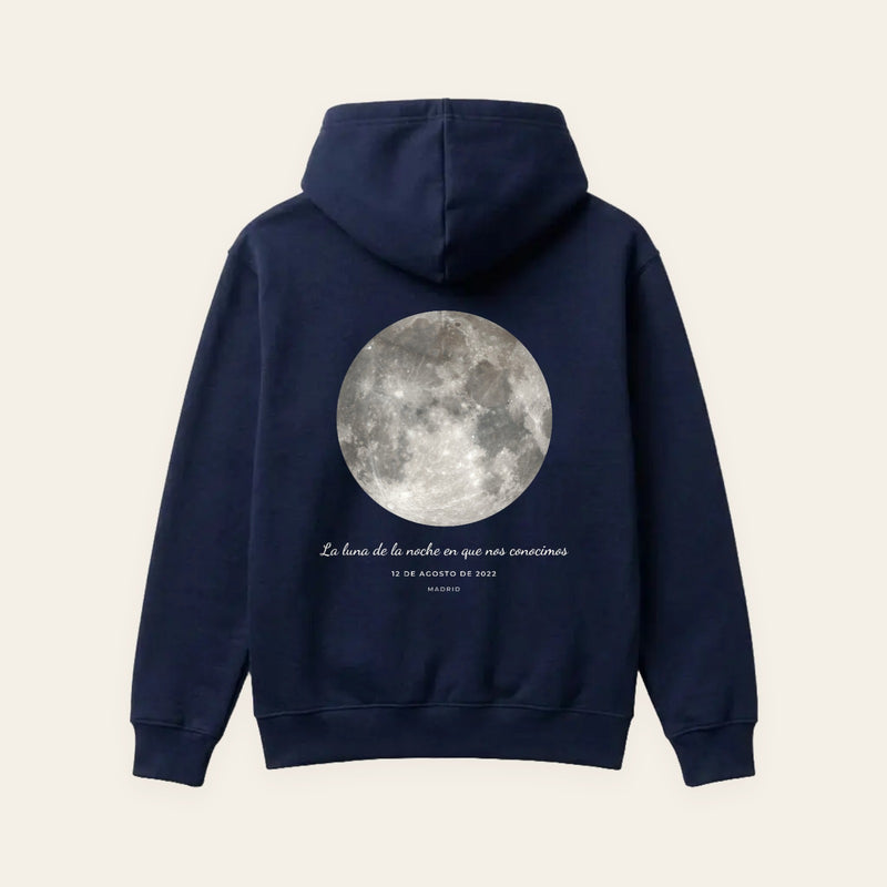 Sudadera azul marino con capucha personalizada con la fase lunar de vuestra fecha, estampado en la espalda