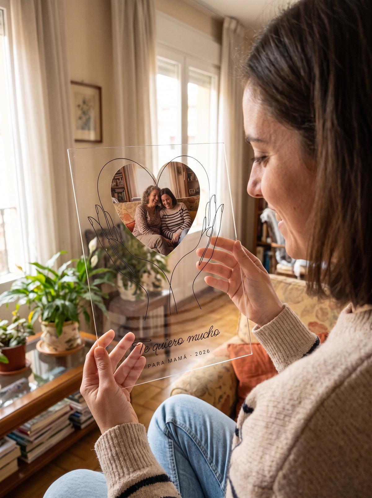 Sosteniendo la placa de metacrilato personalizada con unas manos que sostienen la foto a contraluz junto a una ventana