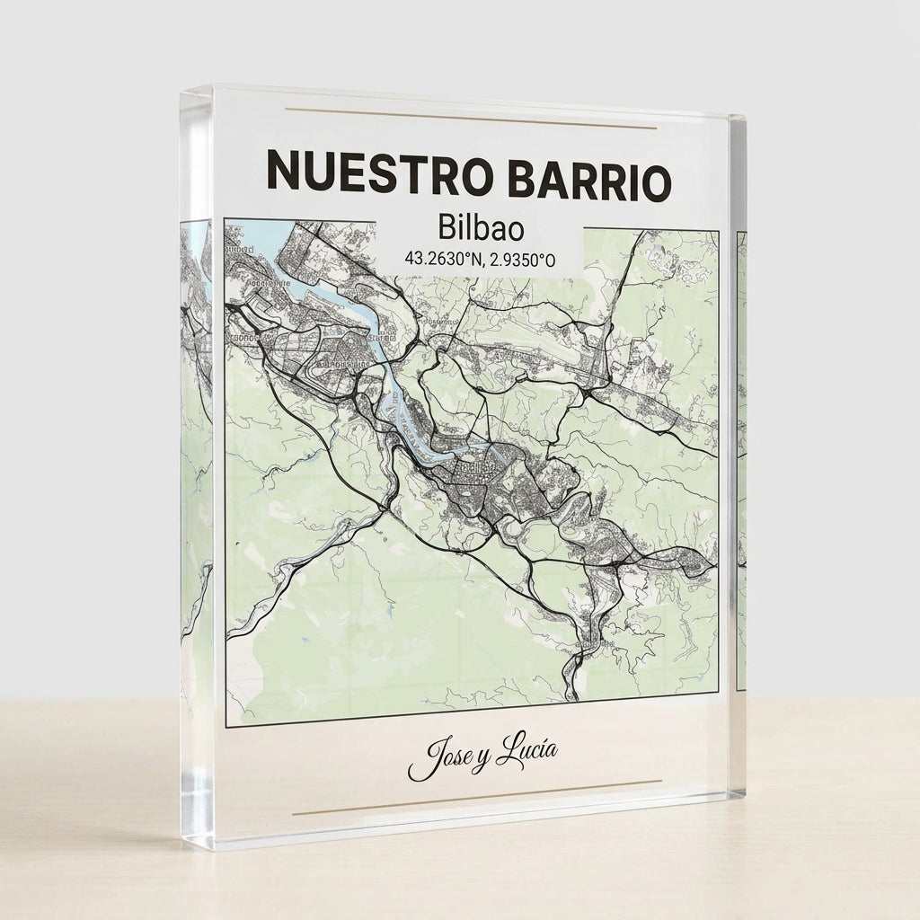 Bloque macizo de 2 cm de la placa de metacrilato personalizada con el mapa de vuestro lugar en corazón, visto de canto