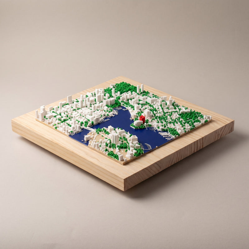 Mapa 3D personalizado de una ciudad en relieve, con el agua en azul y los parques en verde, sobre una tabla de pino maciza, foto de estudio