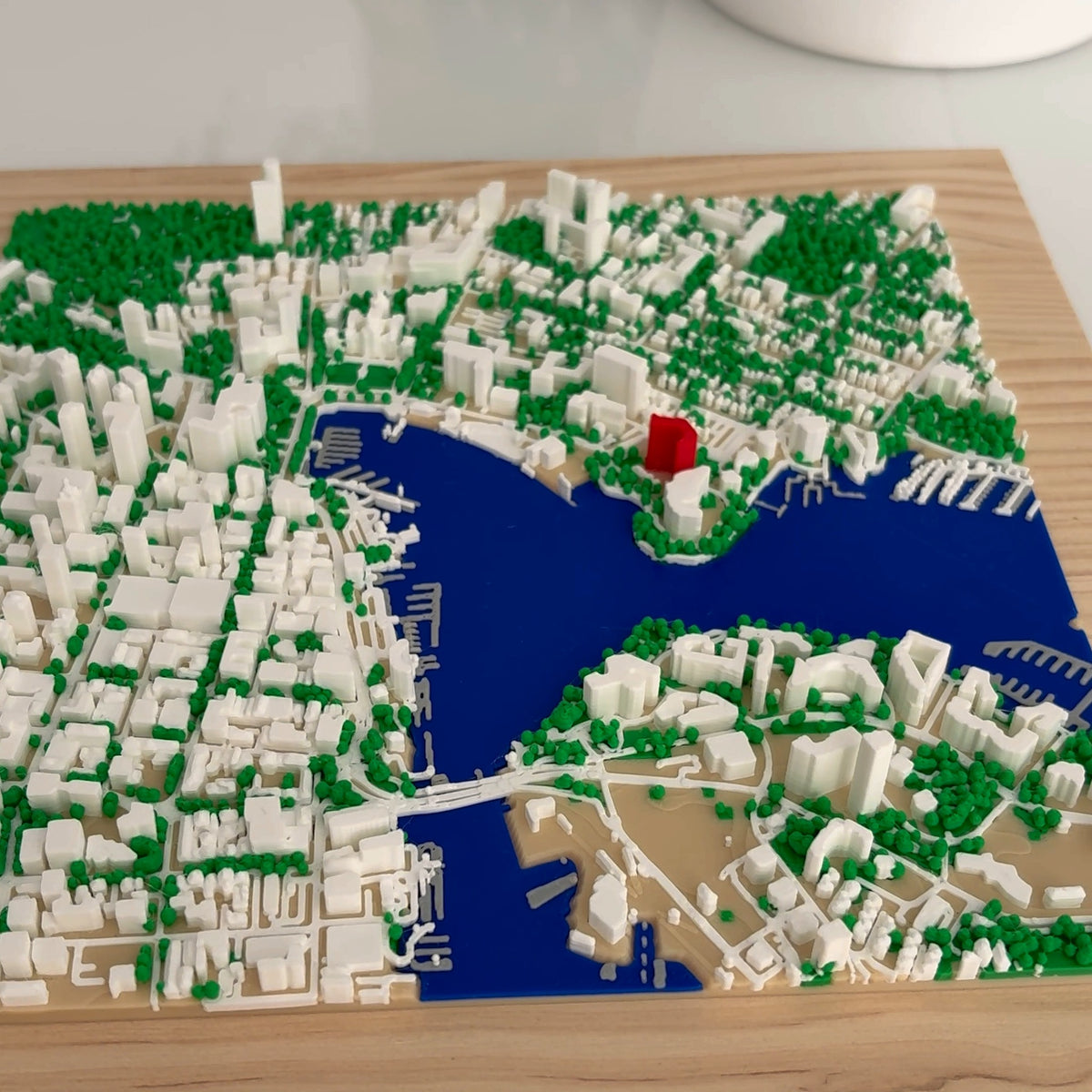 Detalle a ras del mapa 3D: los edificios a su altura, las calles y la marca roja en el sitio elegido