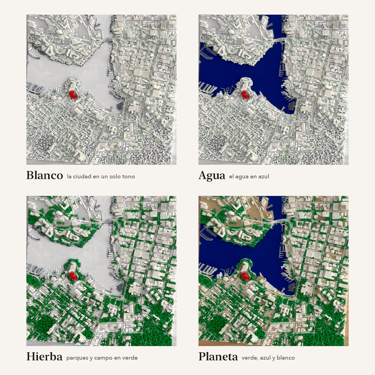 Los cuatro acabados del mapa 3D: Blanco, Agua, Hierba y Planeta, sobre el mismo mapa