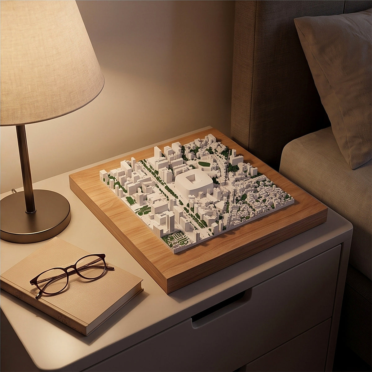 Mapa 3D de Madrid en la mesilla de noche, junto a unas gafas y un libro