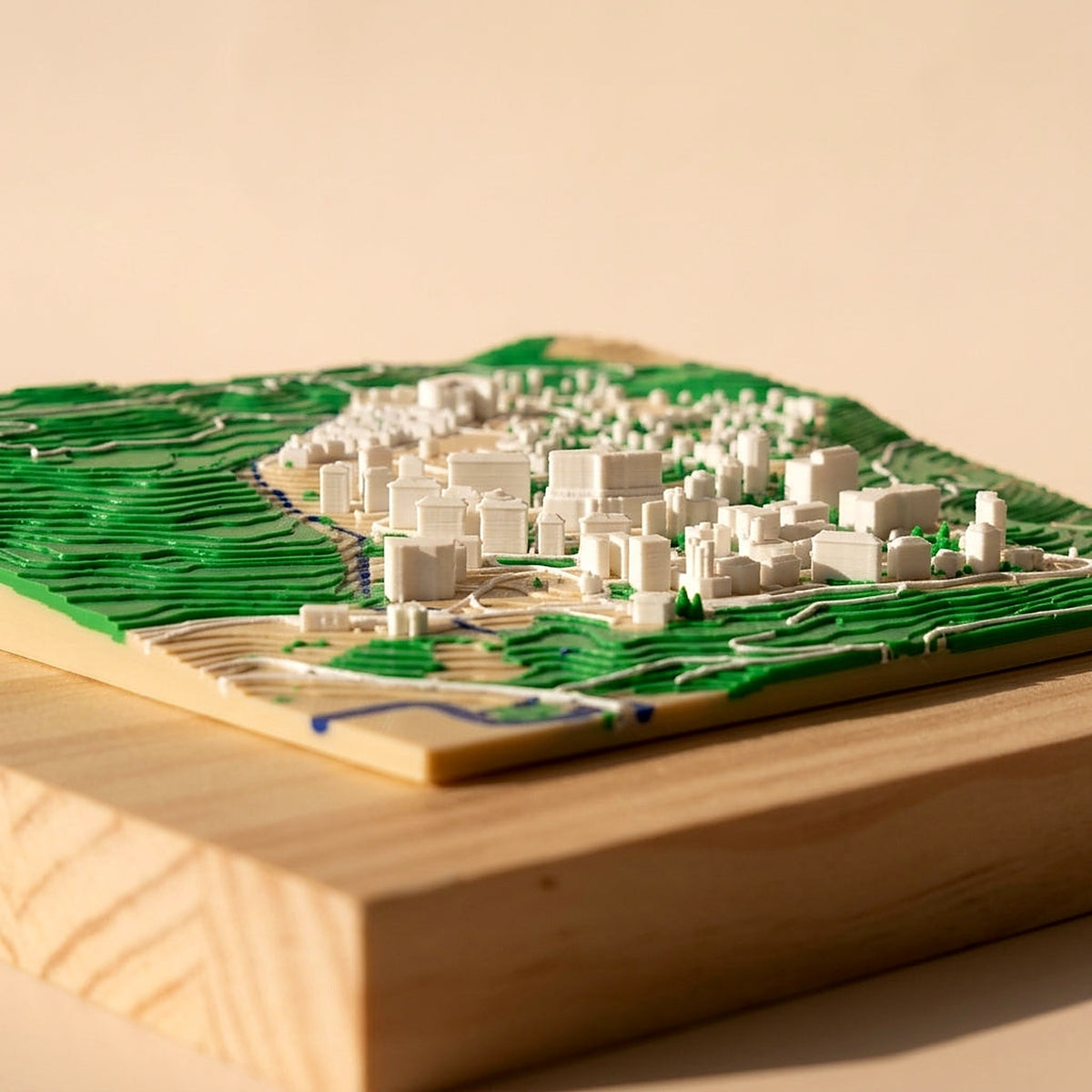 Detalle a ras del mapa 3D de un pueblo: las curvas de nivel del monte y las casas en relieve