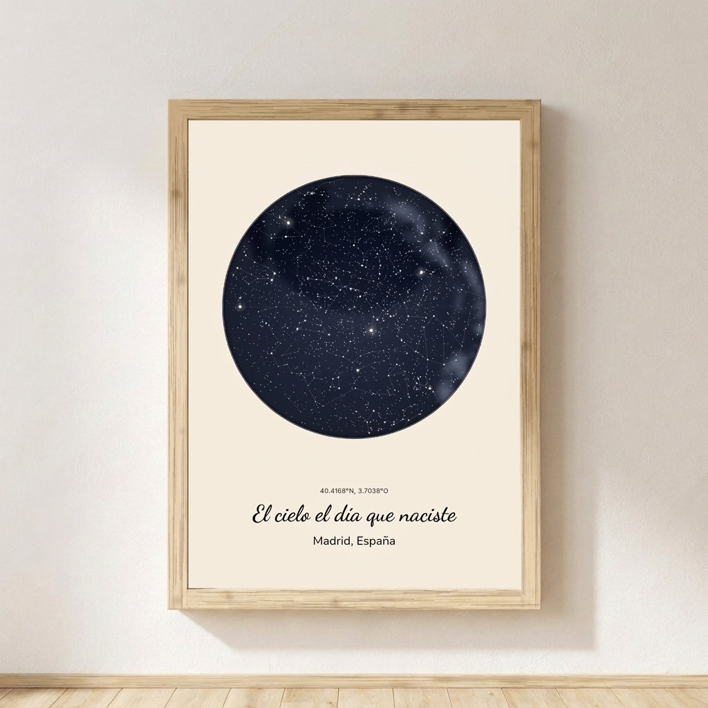 Cuadro mapa estelar personalizado cumpleaños con marco de madera, el cielo del día en que nació
