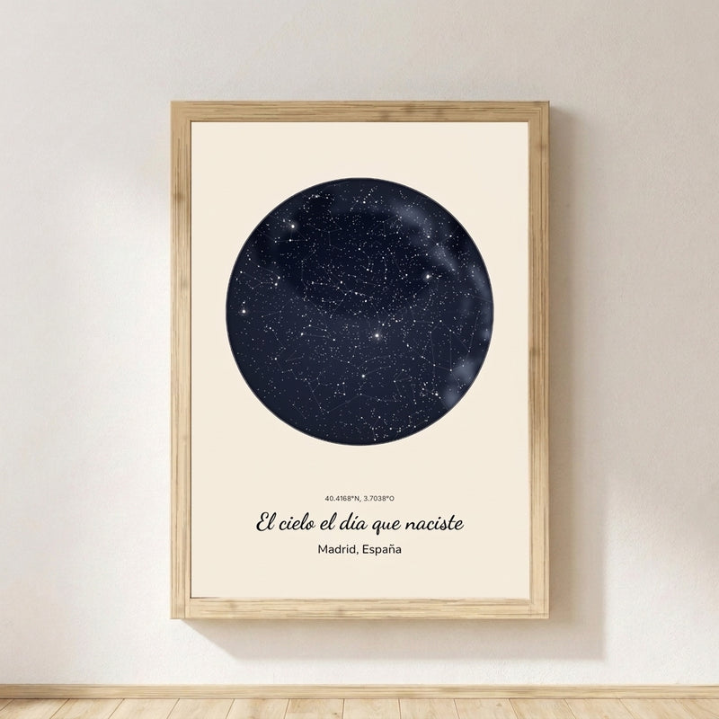 Cuadro mapa estelar personalizado cumpleaños con marco de madera, el cielo del día en que nació