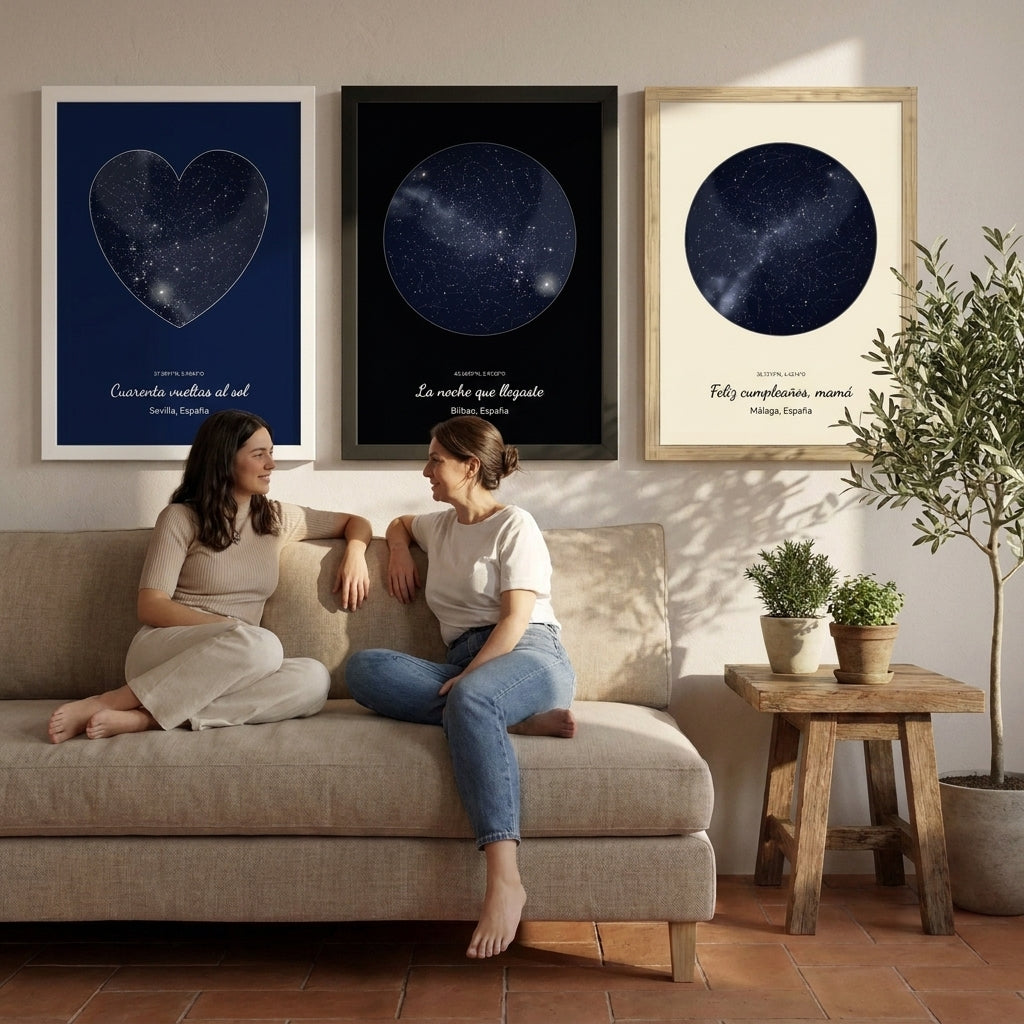 Tres cuadros de mapa estelar de cumpleaños con marco blanco, negro y madera y diseños distintos