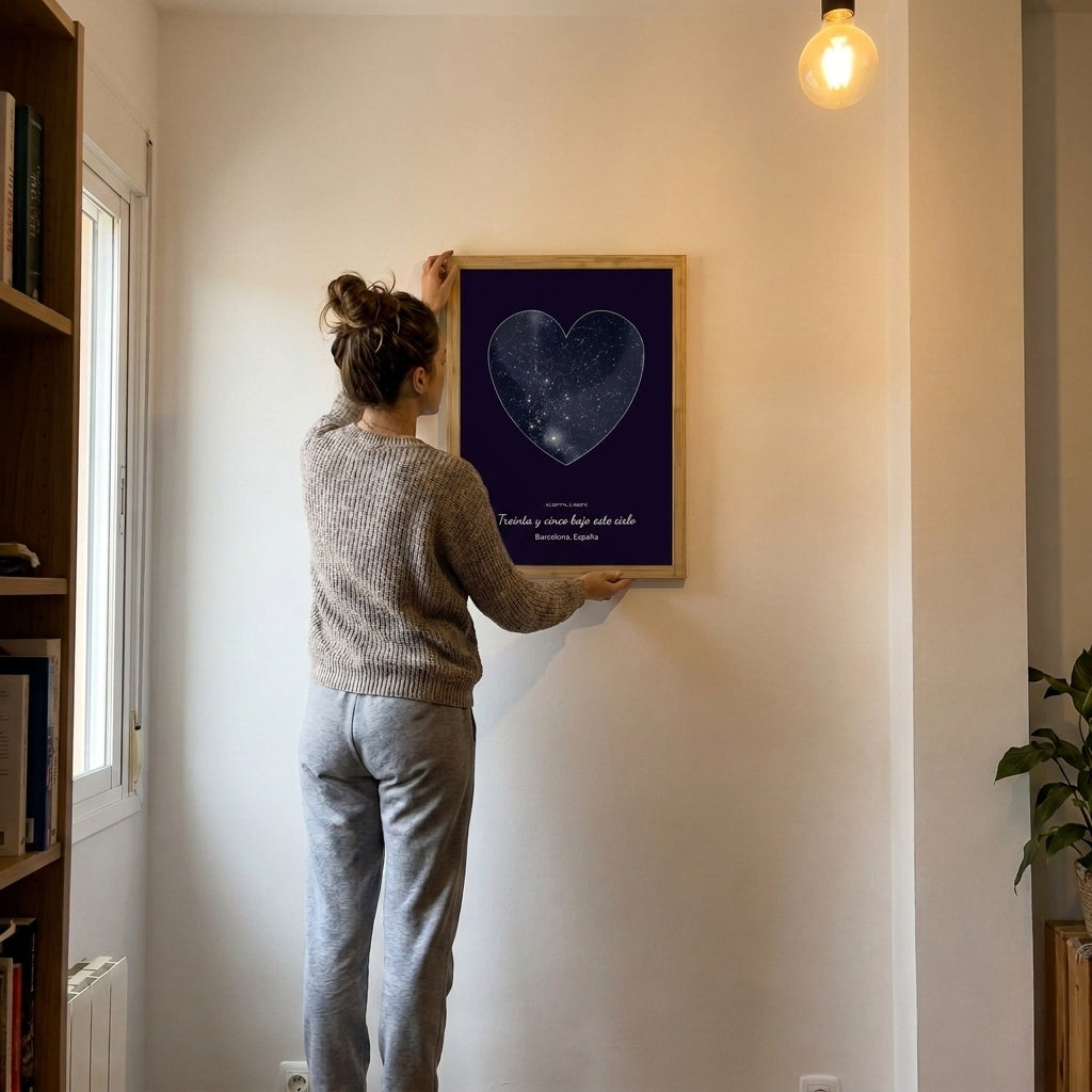 Colgando el cuadro mapa estelar de cumpleaños con forma de corazón en casa