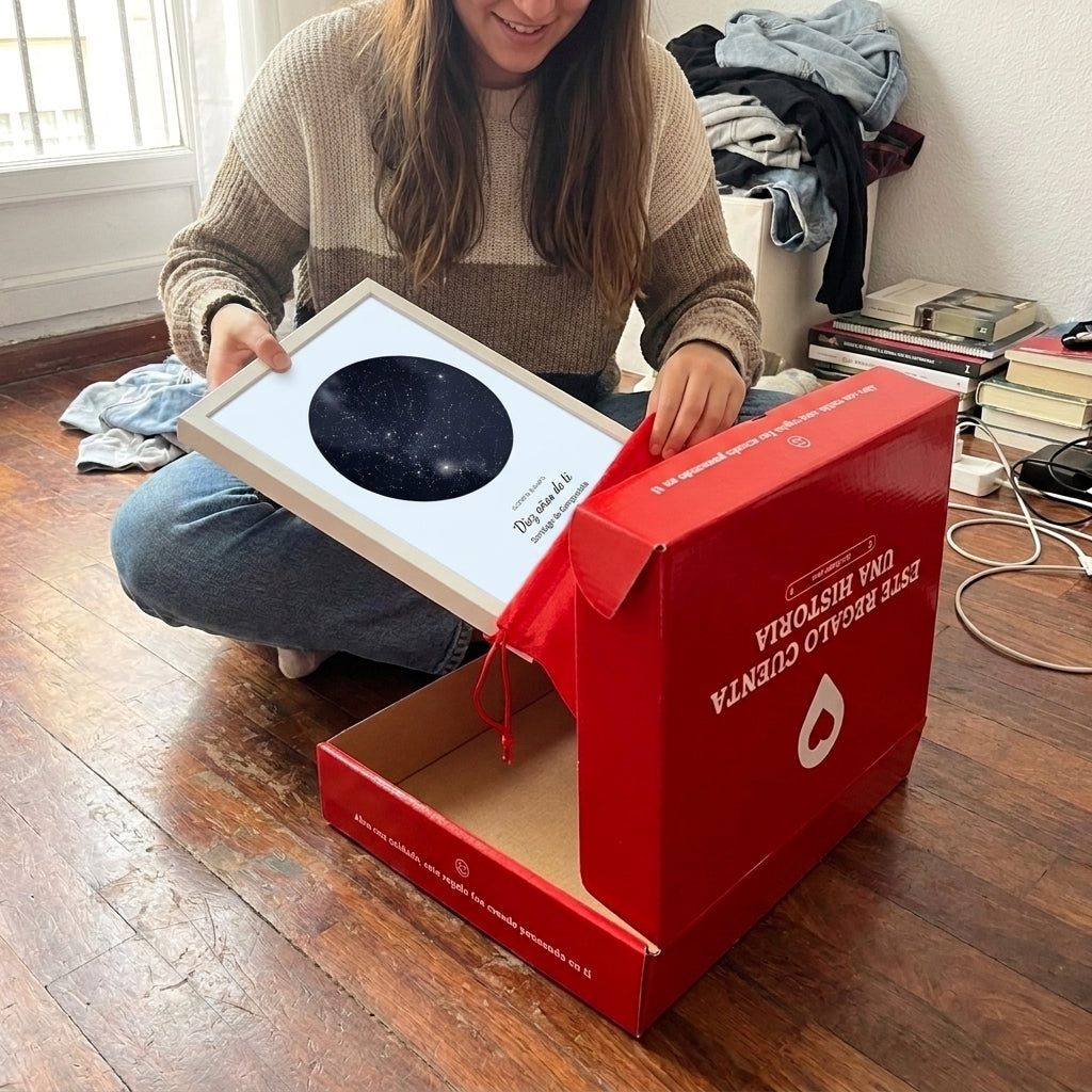 Desembalando el cuadro mapa estelar personalizado de cumpleaños de su caja y bolsa de regalo