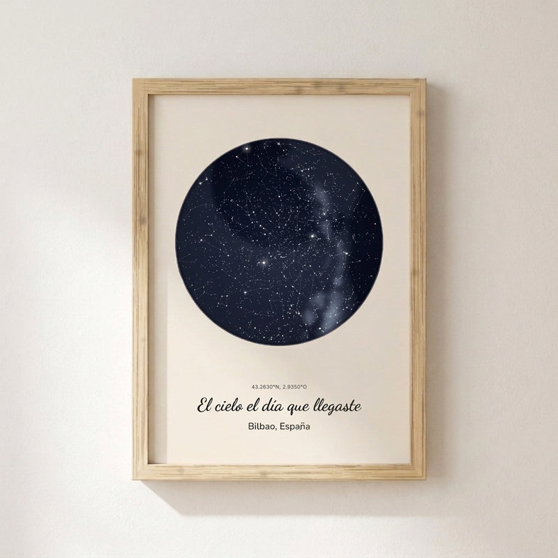 Cuadro mapa estelar personalizado nacimiento con marco de madera, el cielo del día en que nació