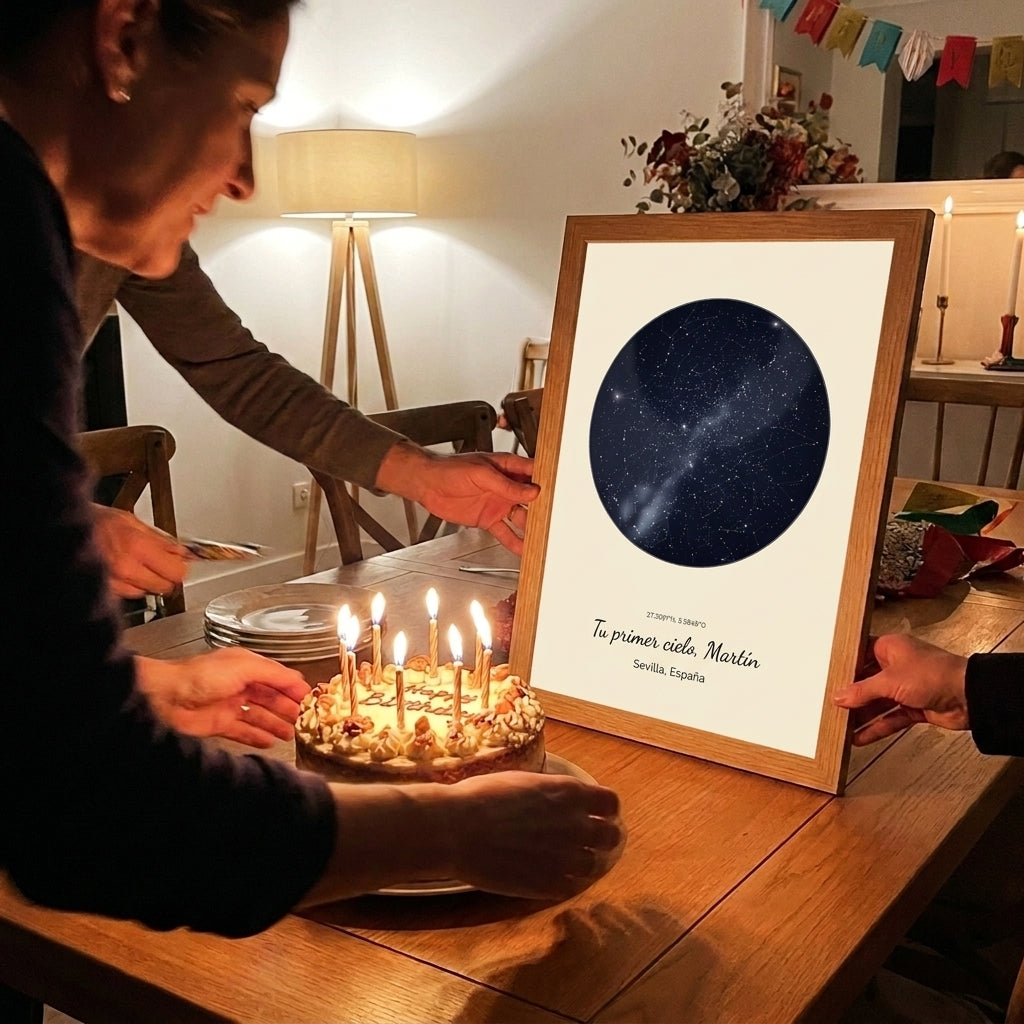 Cuadro mapa estelar Tu primer cielo junto a una tarta con velas