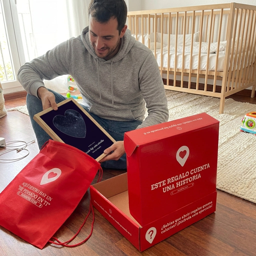 Desembalando el cuadro mapa estelar de nacimiento de su caja y bolsa de regalo