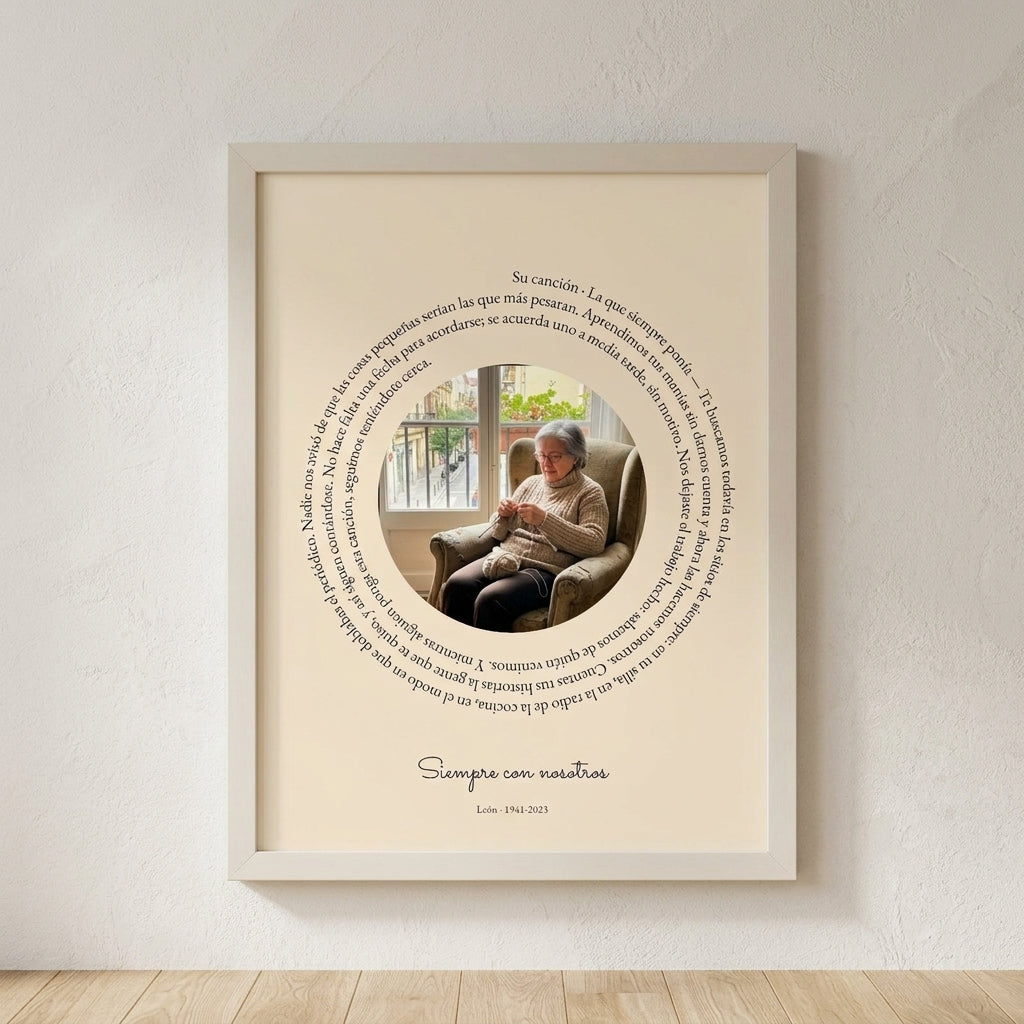 Cuadro canción personalizado en memoria de un ser querido con la letra de su canción en espiral alrededor de su foto, colgado en una pared clara