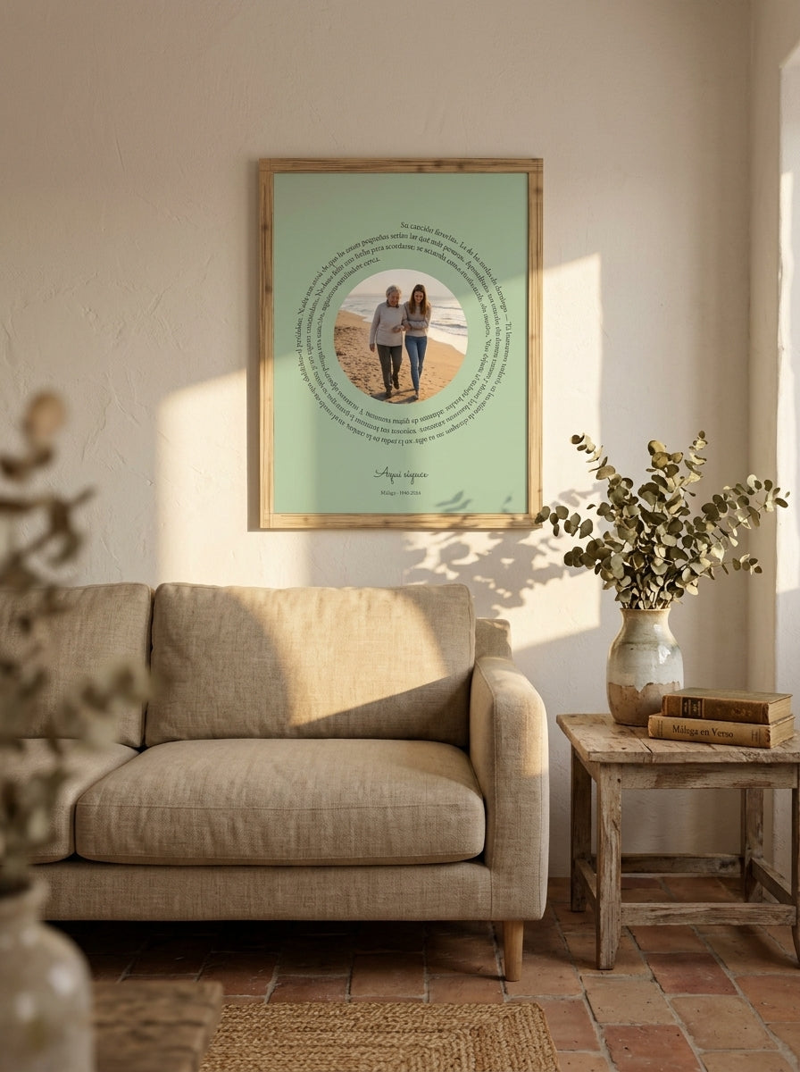 Cuadro canción personalizado en memoria de un ser querido colgado sobre un sofá de lino en un salón cálido