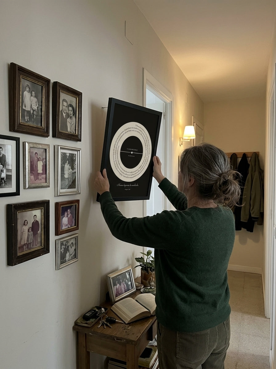Colgando el cuadro canción personalizado en memoria de un ser querido en la pared de casa