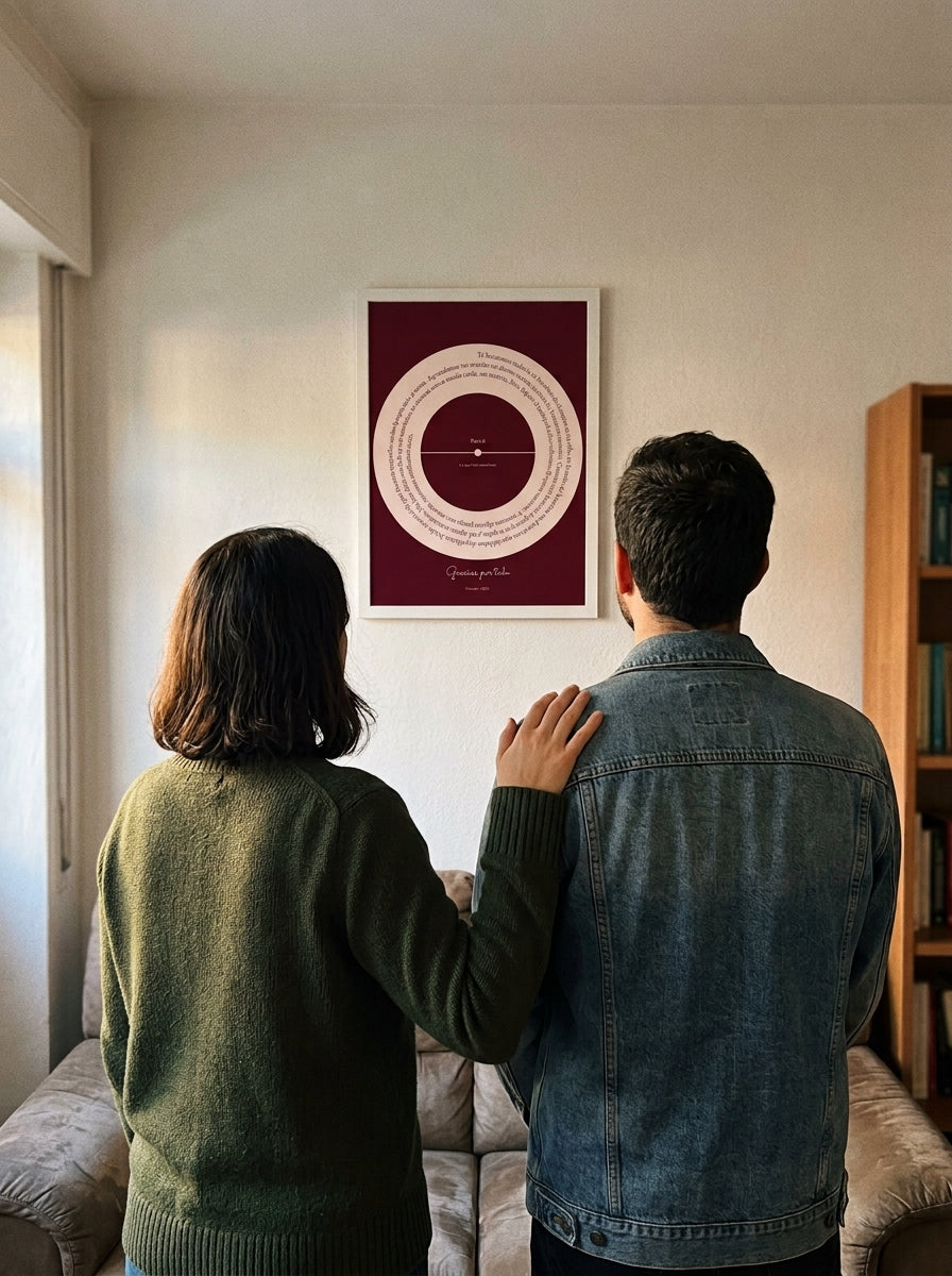 Una familia mirando el cuadro canción personalizado en memoria de un ser querido recién colgado