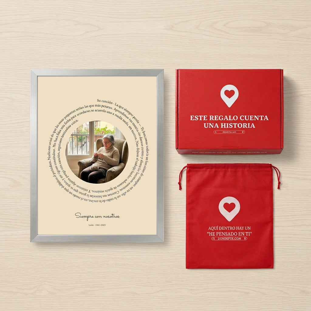 Cuadro canción personalizado en memoria de un ser querido junto a la caja y la bolsa de regalo de Donde Fue