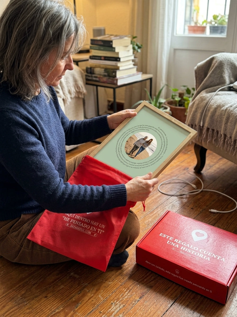 Sacando el cuadro canción personalizado en memoria de un ser querido de la bolsa de regalo, con la caja abierta al lado