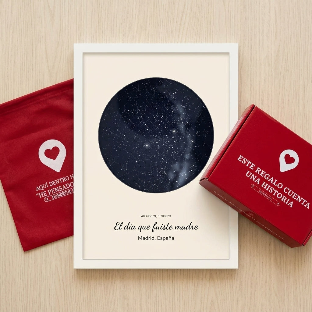 Cuadro mapa estelar personalizado Día de la Madre junto a la caja y la bolsa de regalo de Donde Fue