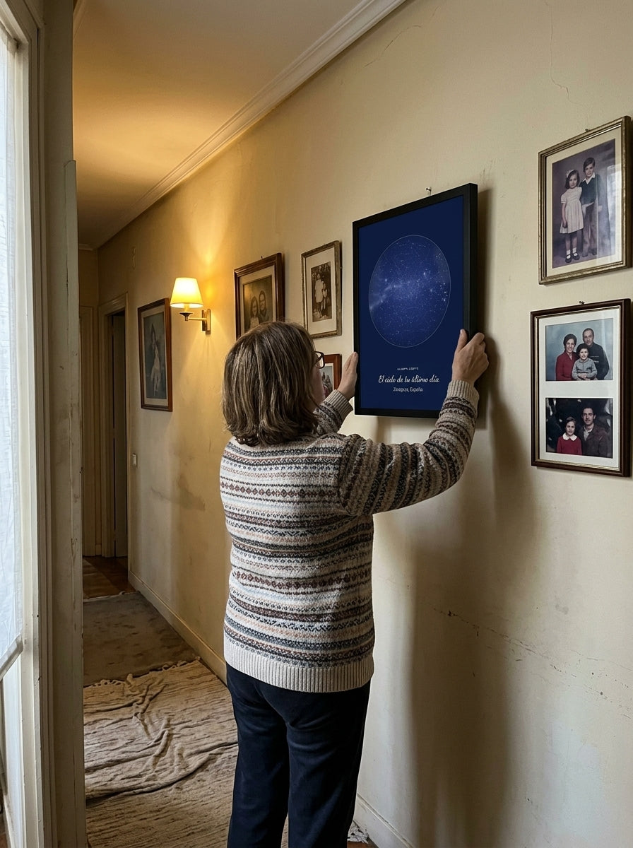 Colgando el cuadro mapa estelar personalizado en memoria de un ser querido en la pared de casa
