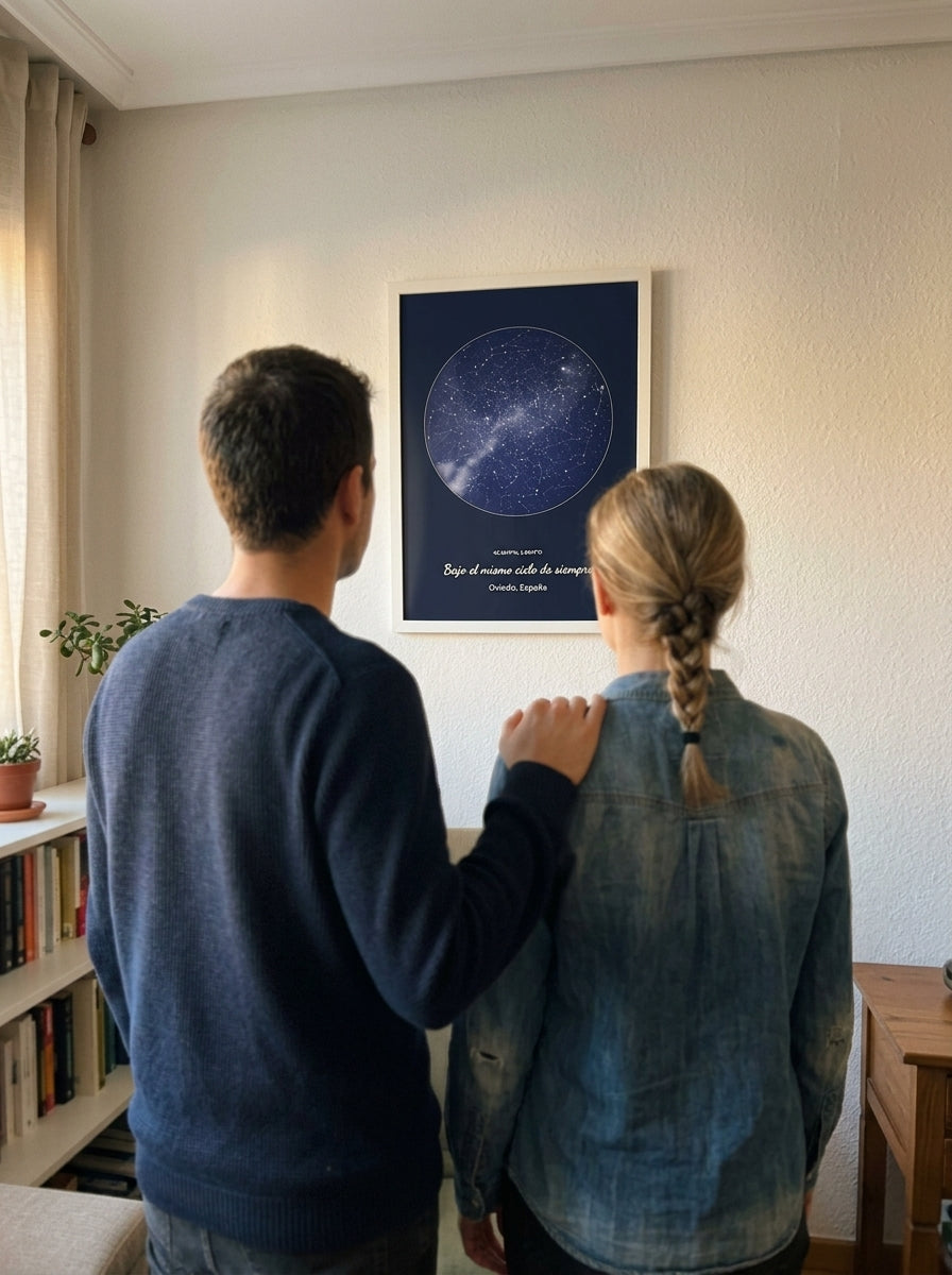 Una familia mirando el cuadro mapa estelar personalizado en memoria de un ser querido recién colgado
