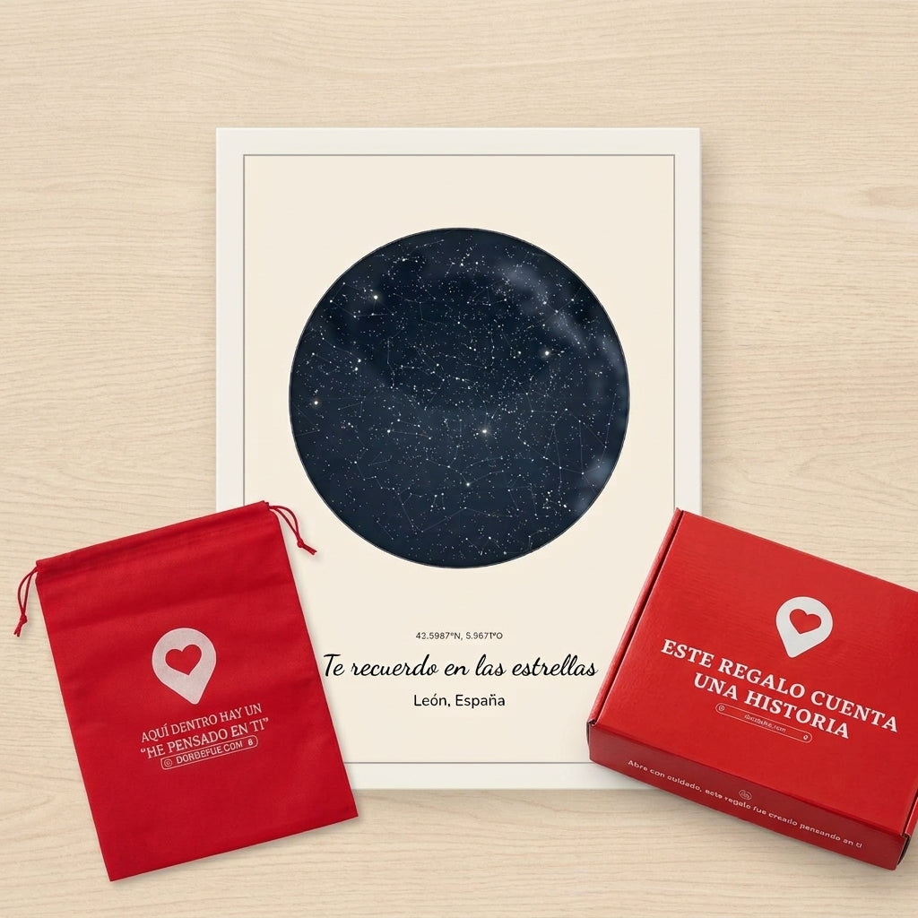 Cuadro mapa estelar personalizado en memoria de un ser querido junto a la caja y la bolsa de regalo de Donde Fue