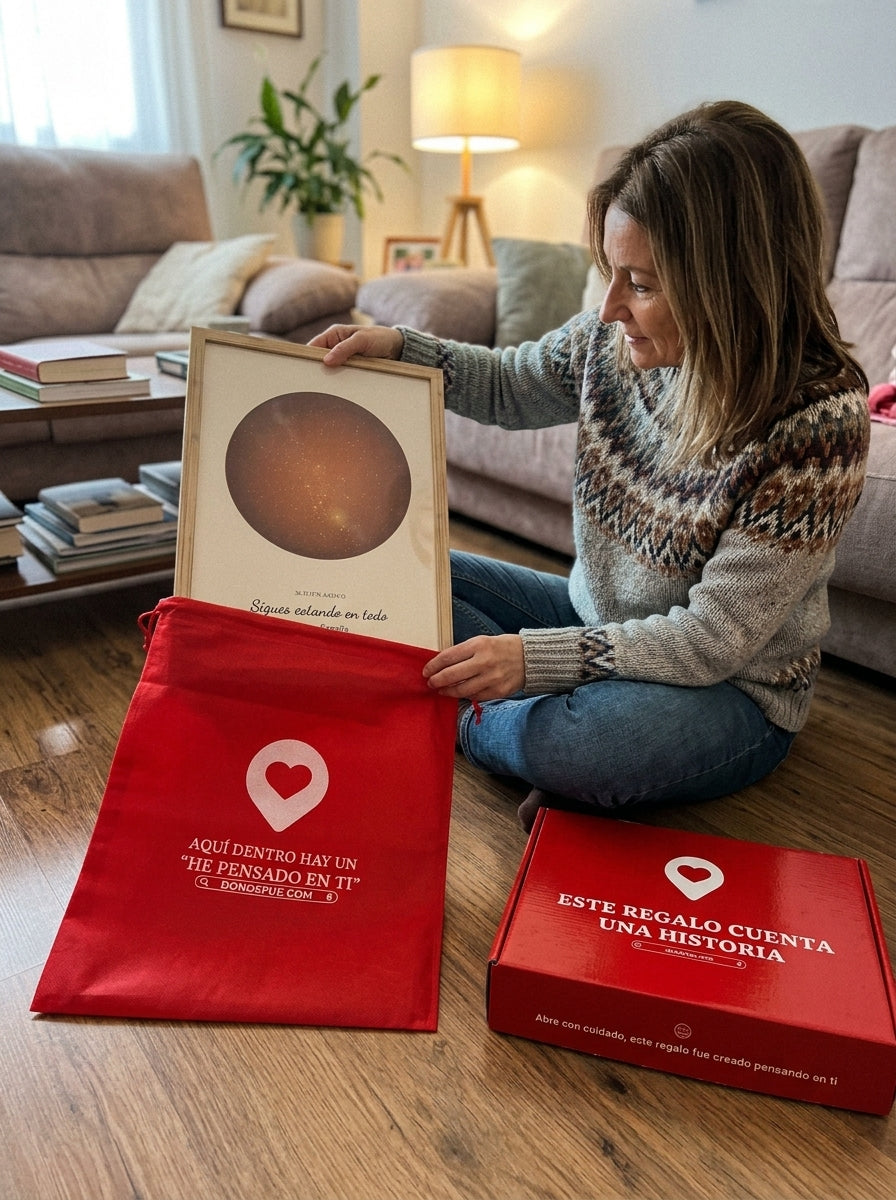 Sacando el cuadro mapa estelar personalizado en memoria de un ser querido de la bolsa de regalo, con la caja abierta al lado