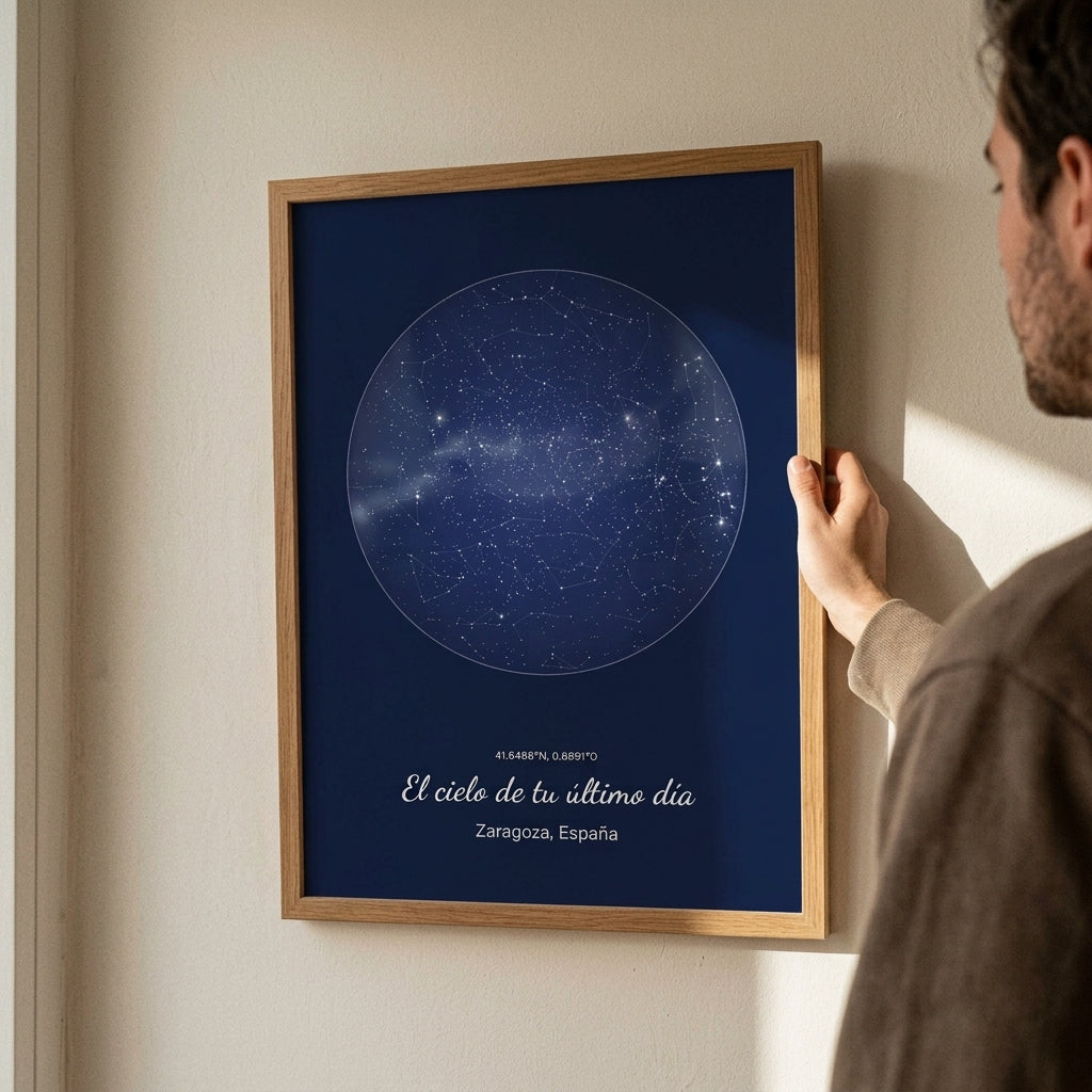 Enderezando el cuadro mapa estelar personalizado en memoria de un ser querido recién colgado en la pared