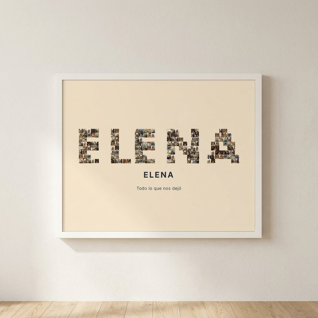Cuadro nombre con fotos personalizado en memoria de un ser querido con su nombre relleno de sus fotografías, colgado en una pared clara
