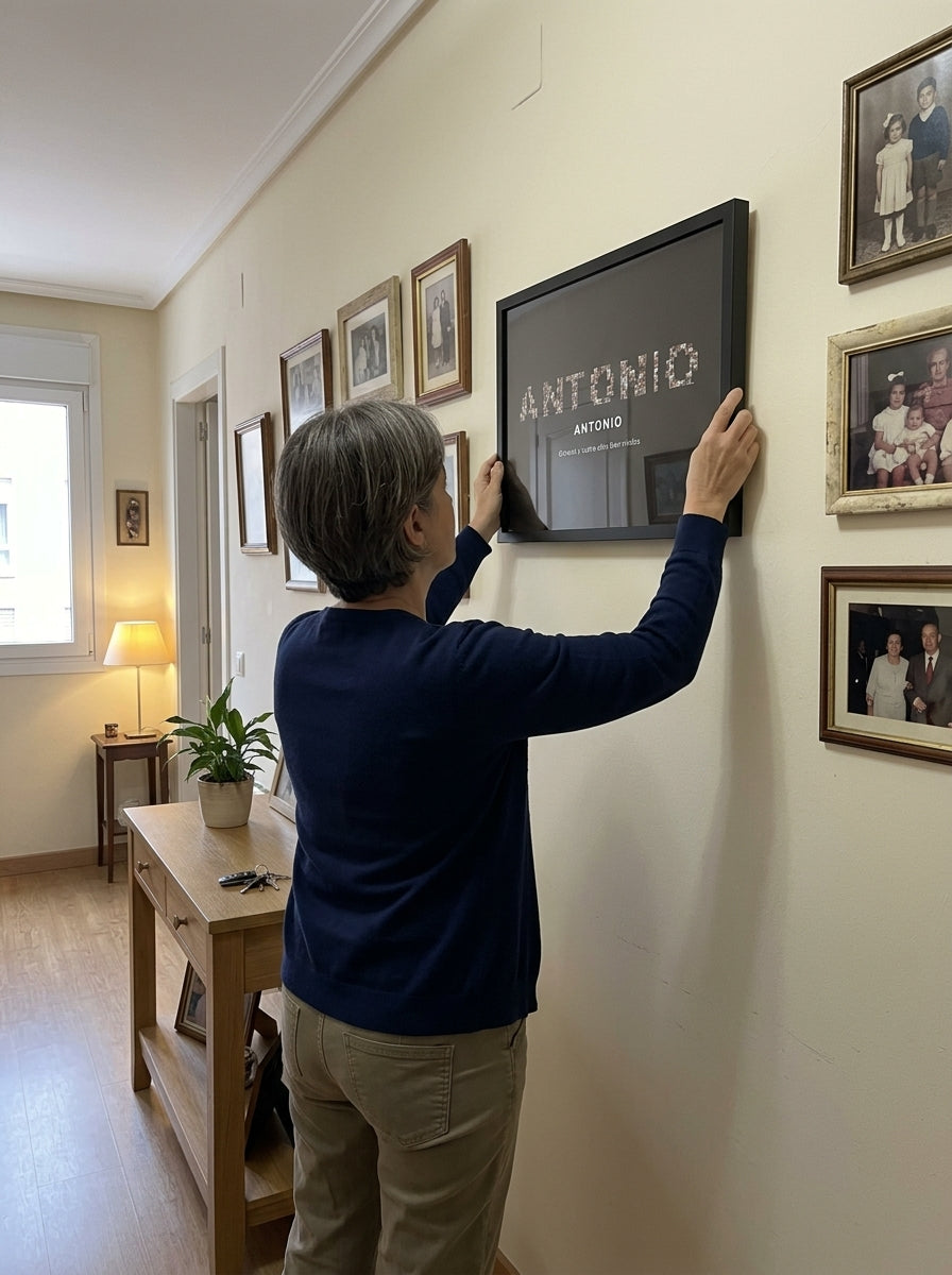 Colgando el cuadro nombre con fotos personalizado en memoria de un ser querido en la pared de casa