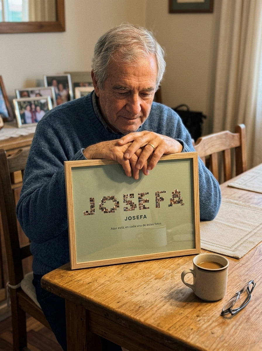 Abriendo el regalo del cuadro nombre con fotos personalizado en memoria de un ser querido en una comida familiar